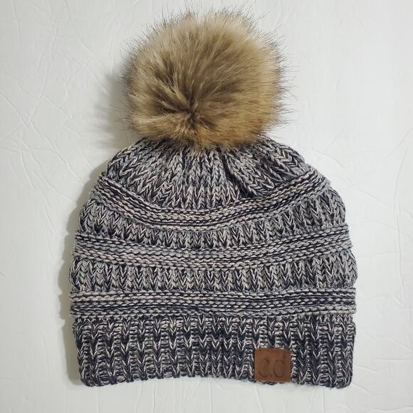 C.C. Beanie Black Grey Marl Slouchy Beanie Tan Black Pompom Winter Snow Cold Hat - Picture 1 of 6
